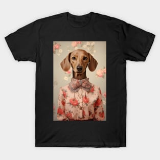 Cute Floral Dachshund Dog Portrait Vintage Art T-Shirt